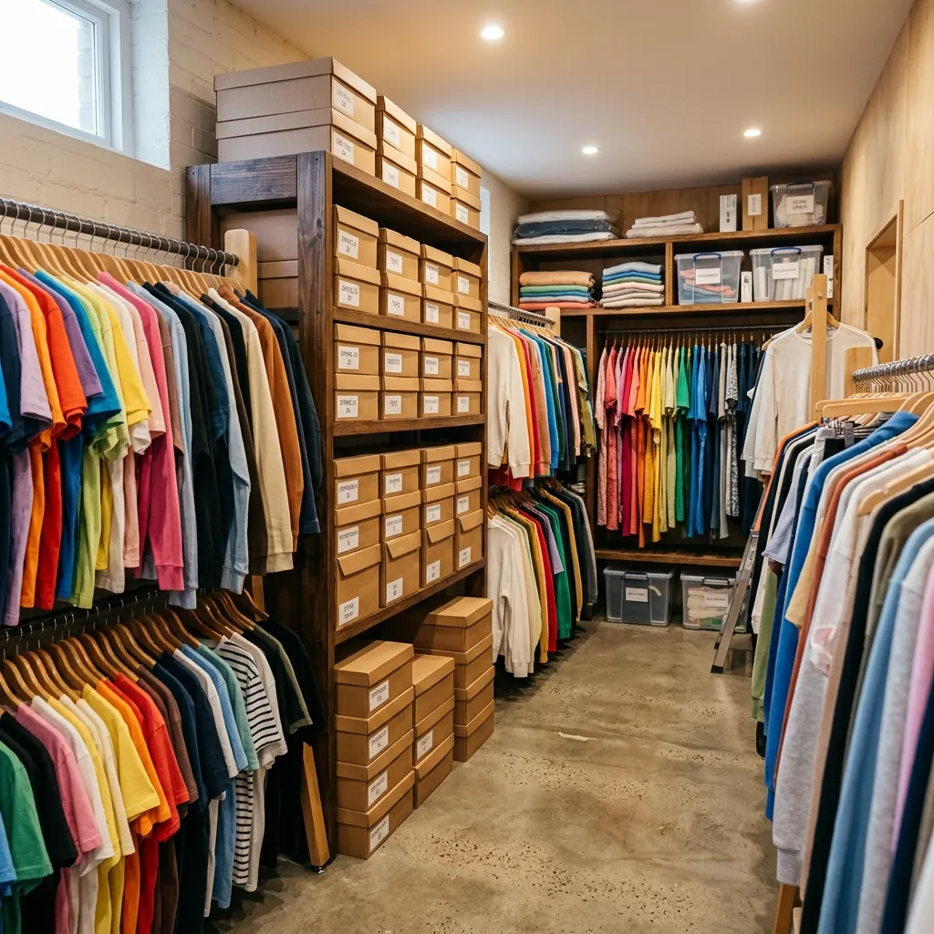 Magazzino con abbigliamento appeso e scatole etichettate