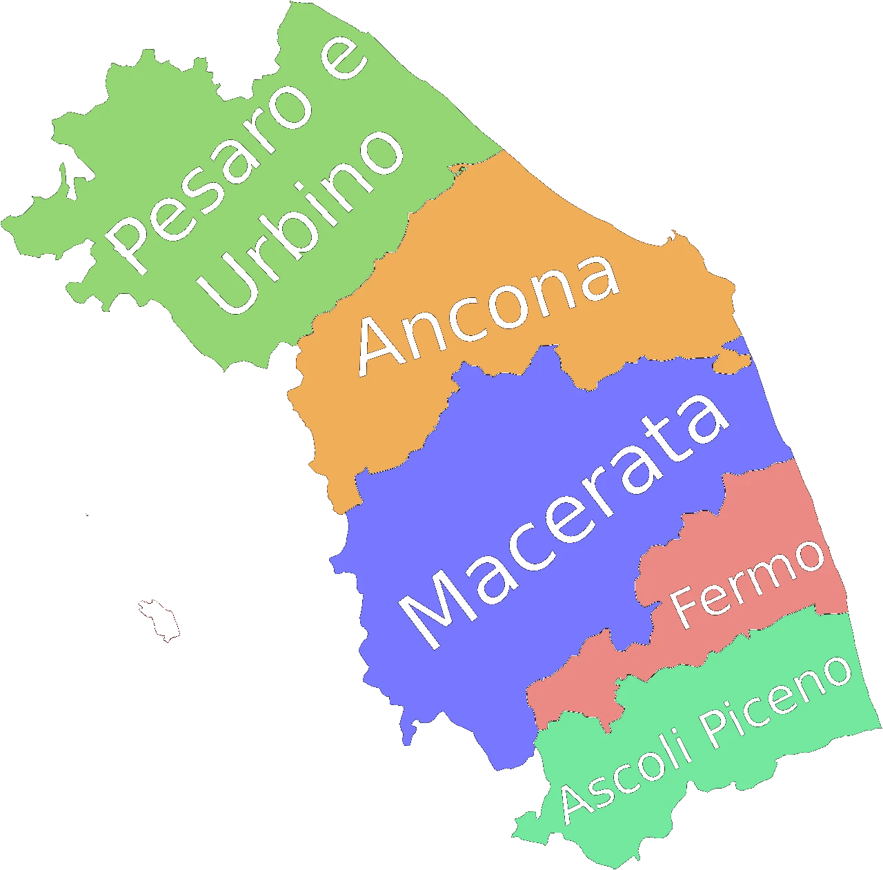 Mappa delle Marche con le province di Pesaro e Urbino, Ancona, Macerata, Fermo e Ascoli Piceno