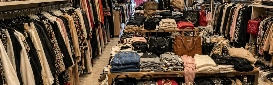 Negozio con stock di abbigliamento, borse e calzature